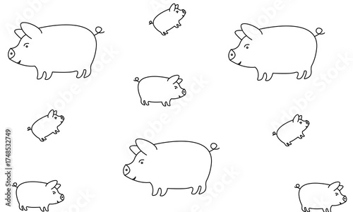 Cute pig pattern illustration in black and white outline, seamless farm animal design, adorable pigs cartoon drawing, minimalist style piggy background for kids, wallpaper and textile