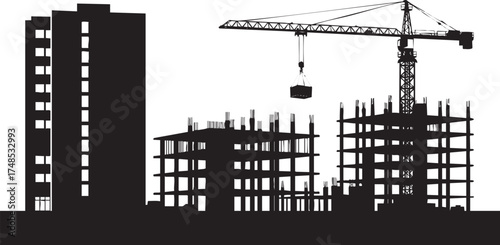 Construction Site Silhouette with Tower Crane and High Rise Buildings