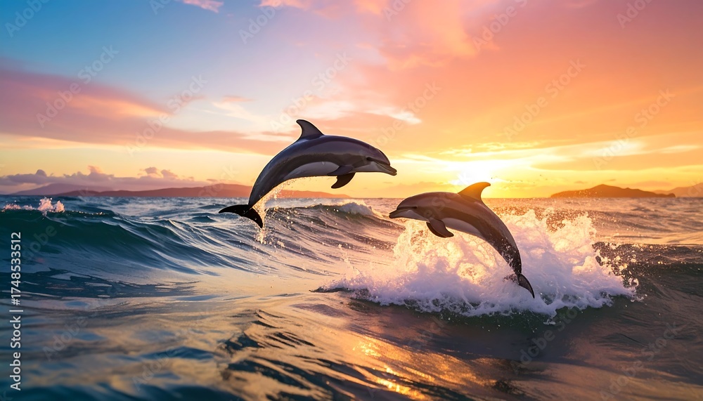 Fototapeta premium Two dolphins leaping over a wave at sunset