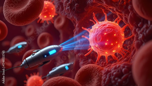 Nanobots, designed for targeted medicine, navigating through the human bloodstream, identifying and disabling a harmful virus while surrounded by red blood cells