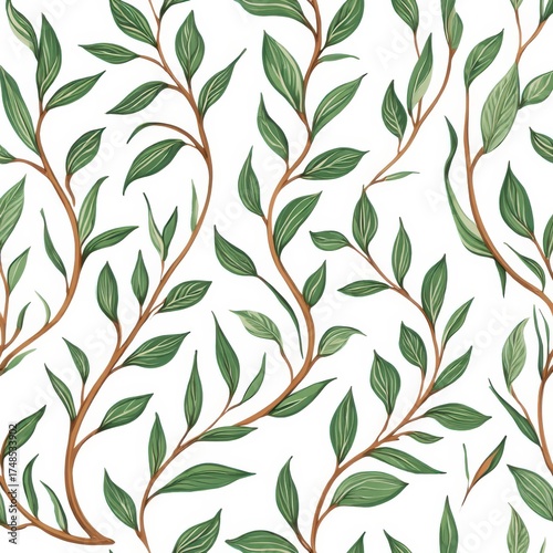 Green leaves on brown branches growing across a white background, creating a natural seamless pattern ideal for fabric, wallpaper, branding, or digital design elements