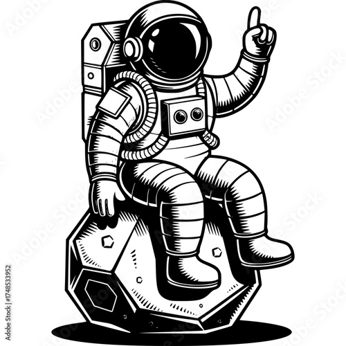 Astronaut on Asteroid: A determined astronaut sits on a unique asteroid, with his hand pointing upwards, inviting your imagination into space exploration and celestial wonder.