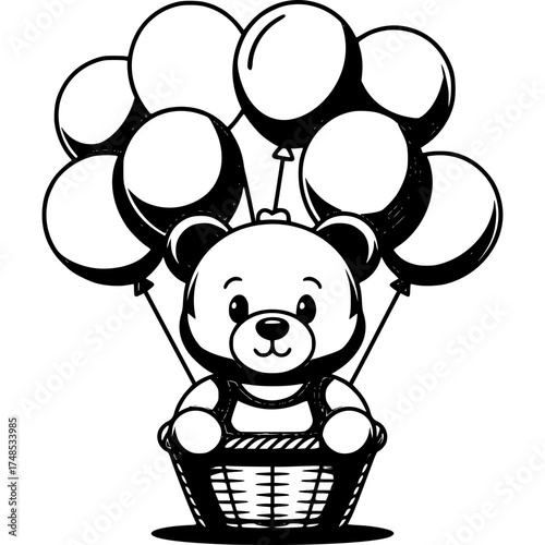 Teddy Bear's Flight: A charming teddy bear floats gracefully upward, suspended by a cluster of balloons, conveying a sense of childlike wonder and happiness.