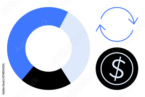 Circular chart with dark, light blue, and black segments, dollar coin, and rotation arrows. Ideal for finance, investment, analysis operation flow business accounting saving. Simple flat metaphor