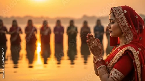 Devout hindu women celebrating the Chhath Puja festival at sunrise. Chhath Puja illustration. Ancient Sandhya arghya day. Lady near the river to worship Surya, the sun god and his sister Chhathi Maiy.