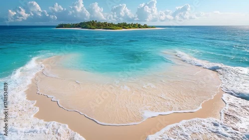 Aerial view of a pristine tropical island surrounded by turquoise water forming a natural heart-shaped sandbar with gentle waves, vivid blue sky, and a perfect vacation scene.