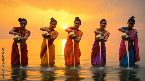 Devout hindu women celebrating the Chhath Puja festival at sunrise. Chhath Puja illustration. Ancient Sandhya arghya day. Lady near the river to worship Surya, the sun god and his sister Chhathi Maiy.