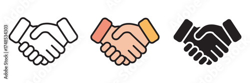 Set of Handshake Icons Representing Partnership, Agreement, and Collaboration in Business