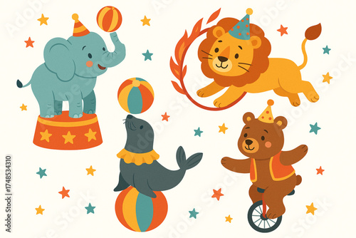 Cute Circus Animal Set – Colorful Vector Illustration of Playful Performers