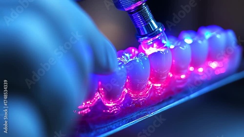 Dentist in blue gloves uses curing light on a row of dental resin teeth models, illuminated by vibrant blue and pink uv light to demonstrate precision restoration and care