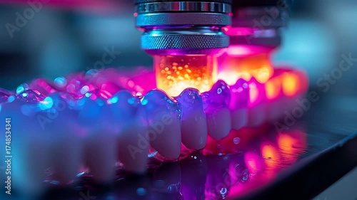 Close up of a dental laboratory curing light shining vibrant blue and pink LEDs onto a row of white dental models, illustrating precision dentistry, resin curing, and modern digital fabrication workfl