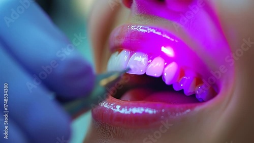 Close-up of a dental professional applying a blue curing light for teeth whitening during cosmetic dental treatment, highlighting glossy white teeth, pink lips, and an open mouth