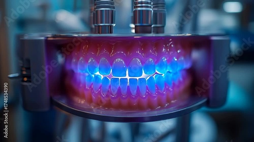 Close-up view of a dental curing light system illuminating a realistic mouth model with blue LED lights, highlighting modern dental equipment used in restorative procedures