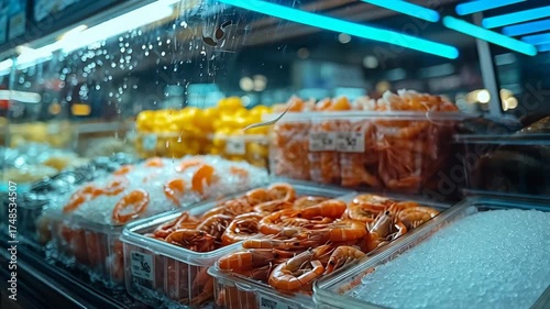 Fresh seafood display at a market featuring ice-packed shellfish in a refrigerated case, showcasing bright orange shrimp and crabs ready for purchase today