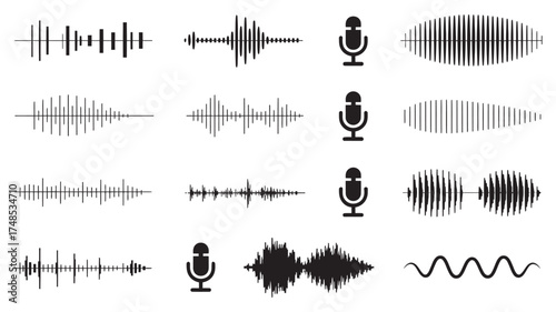 Audio Waveform Designs and Microphone Icons for Sound and Recording Concepts