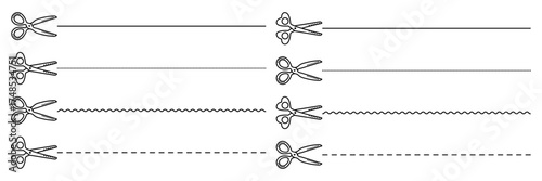 Scissors black line cutter set, monochrome shears with cutting lines. Cut lines across paper pages, vector signs in various styles
