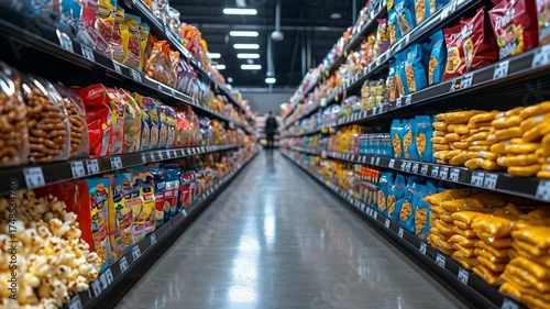 Wide aisle in a bright grocery store lined with colorful snack bags on both shelves, a distant shopper in the background, polished floor reflections, and a vibrant retail tone