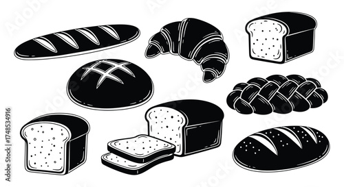 Assorted baked goods with black outlines bread loaf
