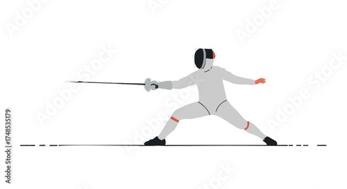 Fencer in white uniform lunging forward with sword.