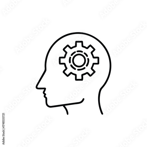 Profile Outline with Gear Inside Head Line Art Thinking Process,