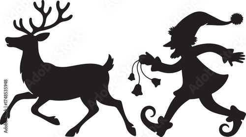 Black silhouette running deer and cute Christmas elf