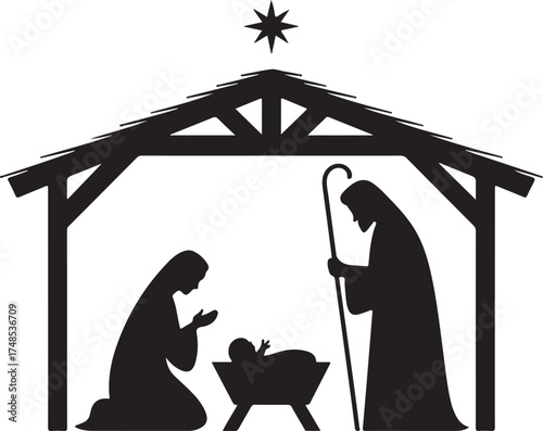 Christmas crib, nativity figures, black, isolated, vector
