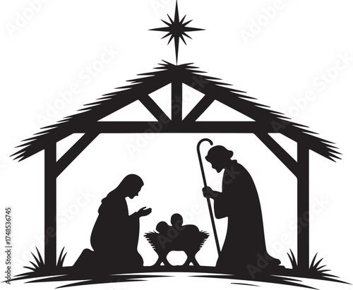 Christmas crib, nativity figures, black, isolated, vector
