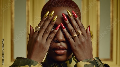 Wallpaper Mural A woman with long red nails and gold rings on her fingers is hiding her face Torontodigital.ca