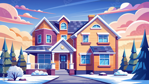 Very beautiful new modern duplex house with light snow in suburban neighborhood under cloudy sky, vector-style illustration ideal for real estate and architectural design.