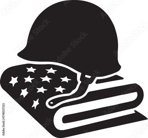 Silhouette vector of military helmet on folded flag illustration honoring service and sacrifice.