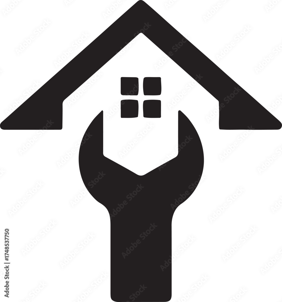 Naklejka premium Silhouette vector of a wrench forming a house shape symbolizing home repair and construction service.