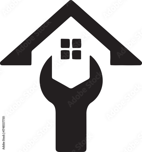 Silhouette vector of a wrench forming a house shape symbolizing home repair and construction service.