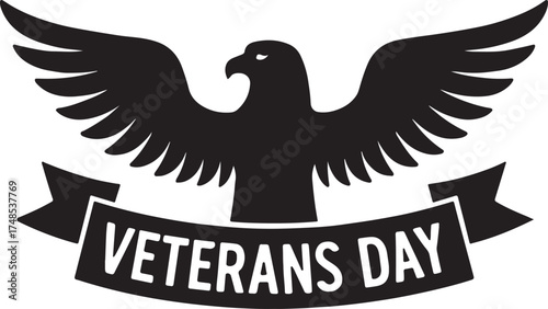Silhouette vector of banner with eagle wings and Veterans Day title honoring military service.