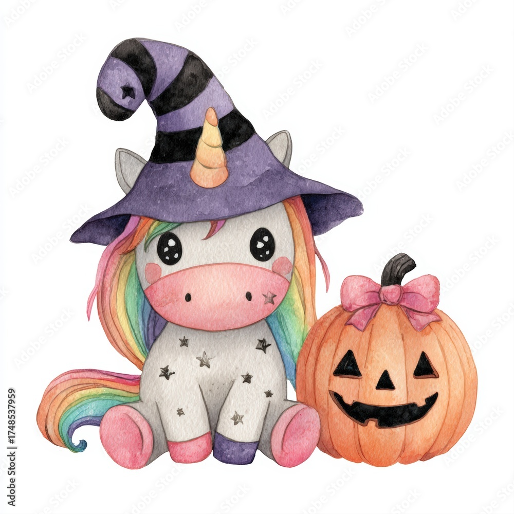Fototapeta premium Happy halloween A whimsical watercolor illustration featuring a cute unicorn in a witch's hat beside a smiling pumpkin, Perfect for Halloween-themed decorations, children's books, party invitations