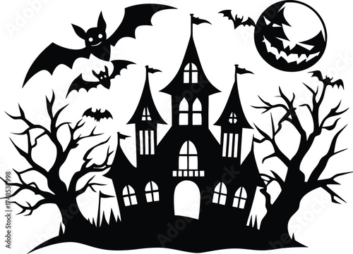 Halloween, vector illustration vector art of a spooky haunted house silhouette with bats flying around, perfect for halloween themed designs and decorations	