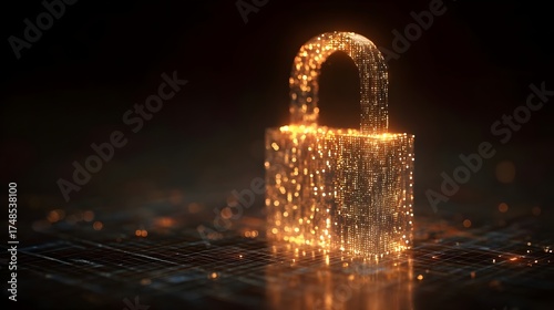 Glowing padlock hologram over dark matrix-style background. Cybersecurity, data protection, privacy, digital security, encryption, technology, online safety, network defense, cyber awareness, informat