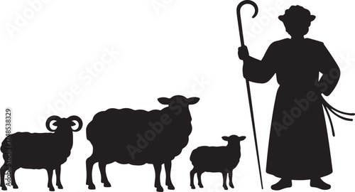 Holiday silhouettes christmas Nativity. Shepherd grazes flock sheep. Illustration