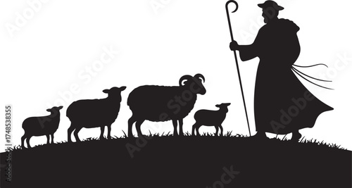 Holiday silhouettes christmas Nativity. Shepherd grazes flock sheep. Illustration