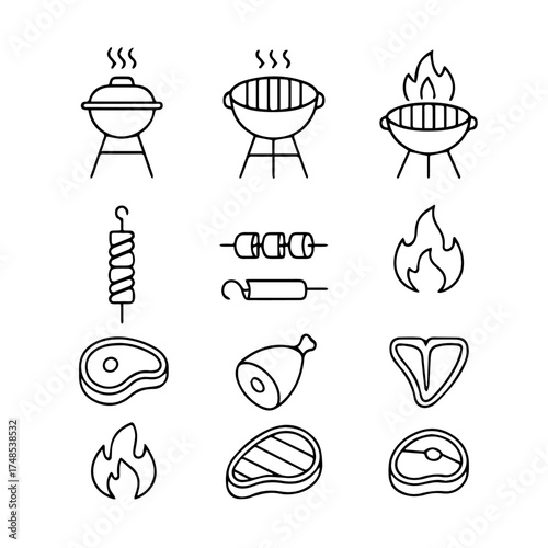 Minimalist BBQ Icons – Grill, Skewers, Steak, Flame, and Meat Cuts in Black Line Style