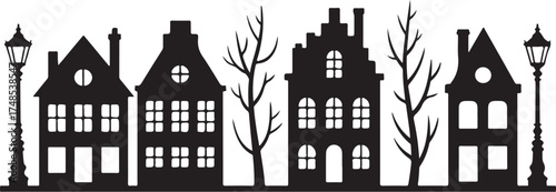 Laser cut Amsterdam style houses. Silhouette of row typical dutch canal houses at Netherlands. Stylized facade of old buildings. Wood carving, paper cut vector template. Background for banner, card