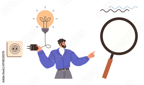 Man holds power plug near outlet, lightbulb shows innovation, magnifying glass represents investigation. Ideal for creativity, energy, problem-solving, discovery, innovation, brainstorming research
