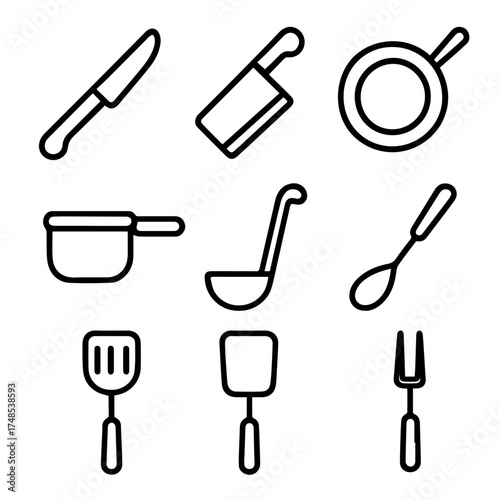 Minimalist Kitchen Tool Icons – Knife, Pan, Ladle, Whisk, Spatula, and Fork