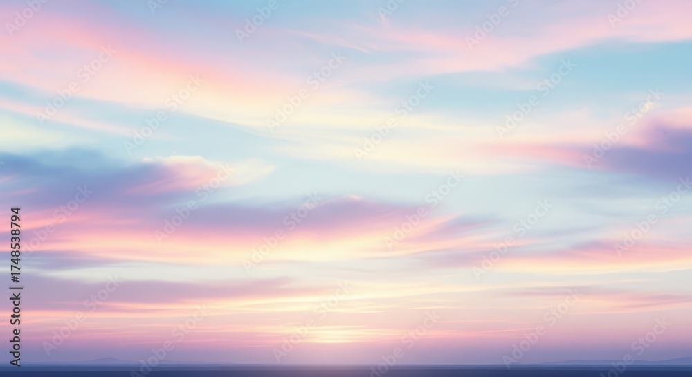 Obraz premium Dreamy pastel sky with soft clouds reflecting warm sunset hues over a calm ocean horizon