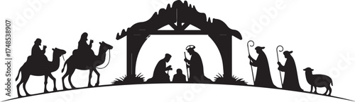 Nativity scene silhouette Jesus in manger, shepherd and wise men. Christmas story Mary Joseph and baby Jesus in nursery. The birth of Christ with Bethlehem star, vector illustration