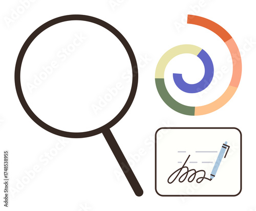 Magnifying glass beside a color-coded data chart and a digital signature panel with pen stroke. Ideal for research, data analysis, verification, analytics, authentication, documentation, simple flat