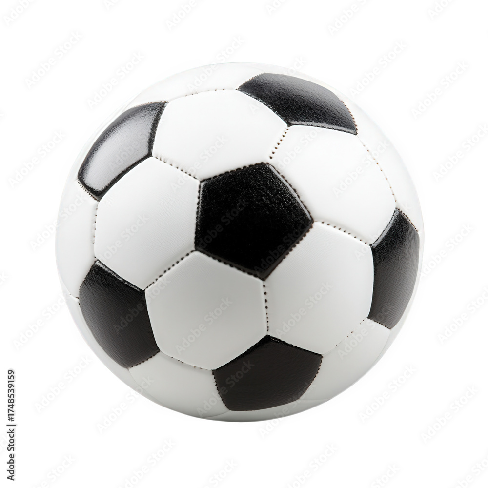 Obraz premium A classic soccer ball isolated on transparent background, showcasing its iconic black and white pattern, ready for a game or sportsthemed design project