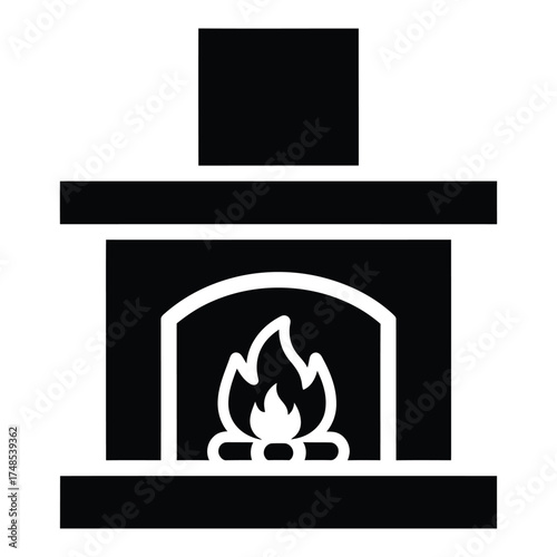 Black fireplace with burning flames hearth chimney