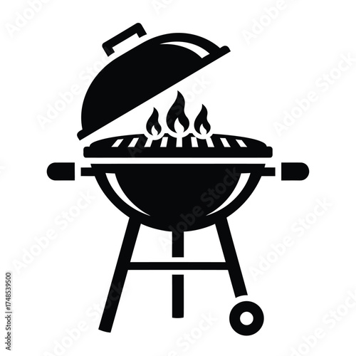 Black grill with open lid and flames barbecue cooking