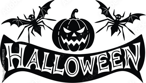 Halloween vector art of halloween themed illustration showcasing a grinning pumpkin, a spider, and a larger spider, all above a banner with the word halloween in a dripping font	