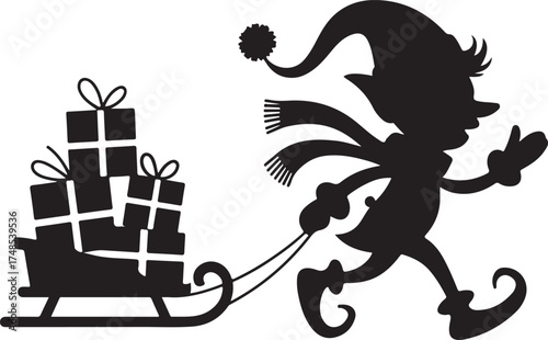 Running cute Christmas elf with sled and gifts. Vector illustration